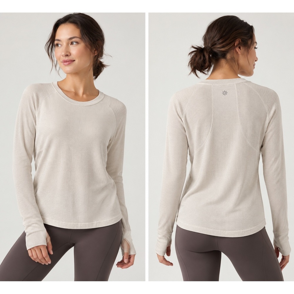 Athleta Unstinkable Waffle Knit Long Sleeve Top Cream Silver Shimmer Thumbholes